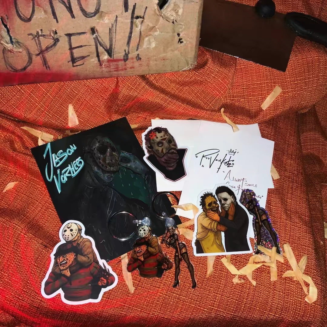 Horror Slasher Combo Pack: Michael Myers, Jason Voorhees Stickers, Keychain+ Print!